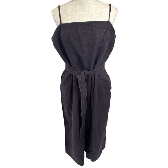 J.Crew Dark Brown Spaghetti Strap Belted Wide Leg Linen Jumpsuit Size 18 - Picture 1 of 13